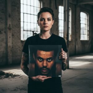 A person holding a vinyl record sleeve featuring The Weeknd in an industrial warehouse.
