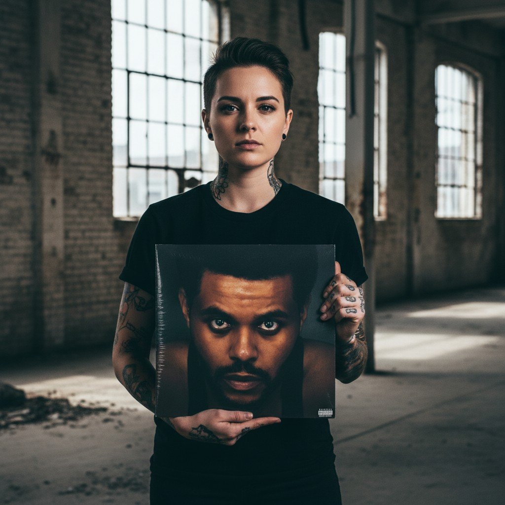 A person holding a vinyl record sleeve featuring The Weeknd in an industrial warehouse.