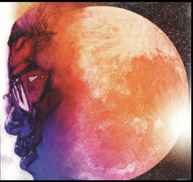 Surreal illustration of a mans profile merged with a vibrant, glowing moon in space.