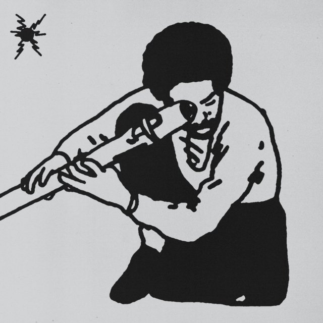 Black and white graphic illustration of a man looking through a long telescope.