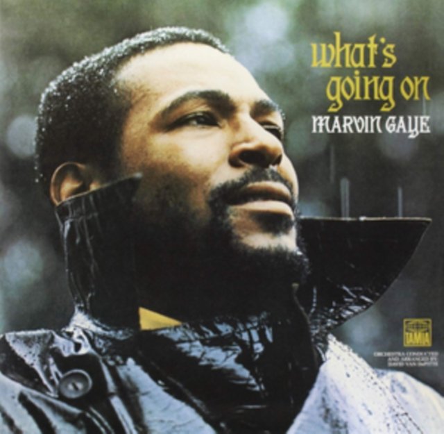 Marvin Gayes Whats Going On album cover featuring a rain-dusted portrait.