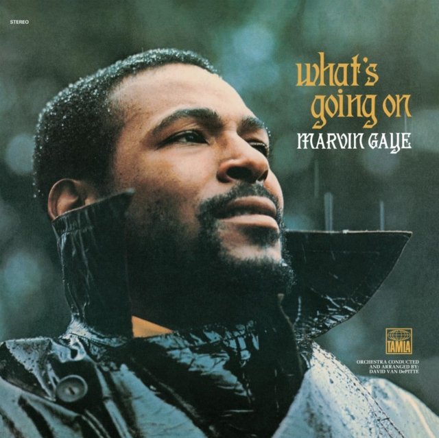 Marvin Gayes Whats Going On album cover featuring a rain-dusted portrait.