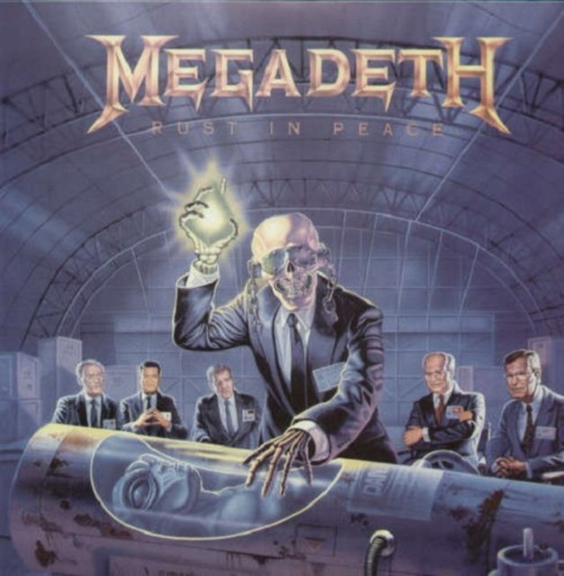 Megadeth Rust in Peace album cover art featuring mascot Vic Rattlehead and world leaders.