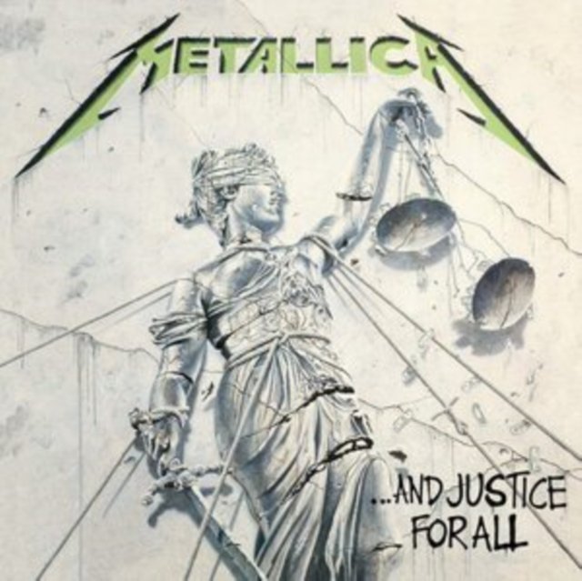 Metallicas ...And Justice for All album cover featuring a bound, crumbling Lady Justice statue.