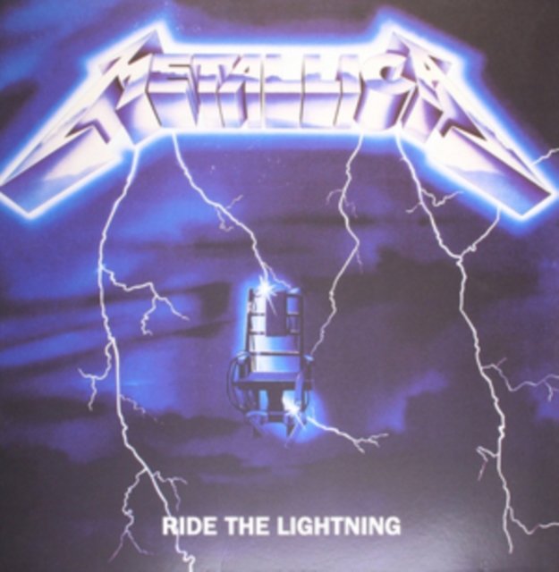 Metallicas Ride the Lightning album cover featuring an electric chair struck by blue lightning.
