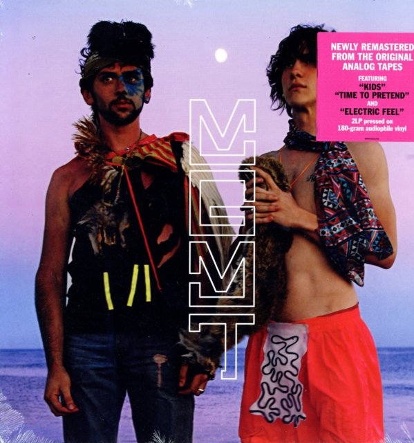 Album cover art for Oracular Spectacular by MGMT, featuring band members on a beach.