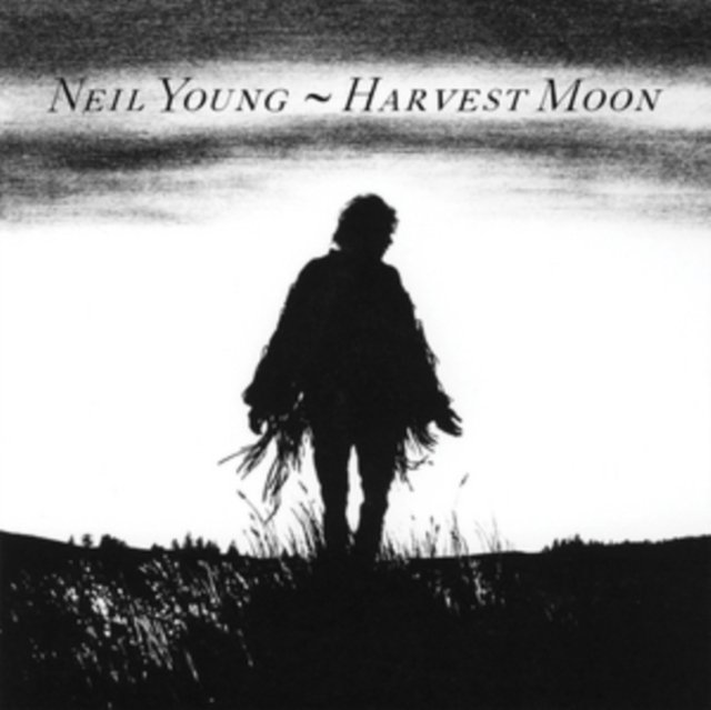 Black and white album cover for Neil Youngs Harvest Moon featuring a silhouetted figure.