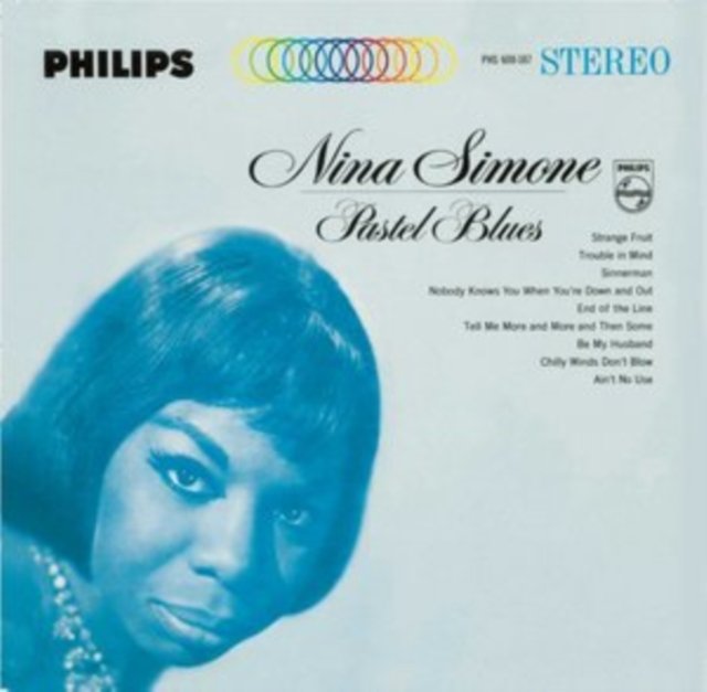 Front cover of Nina Simones Pastel Blues album featuring a monochrome blue portrait.