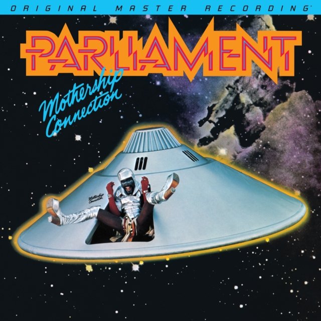 Album cover art for Parliaments Mothership Connection featuring Star Child emerging from a UFO.