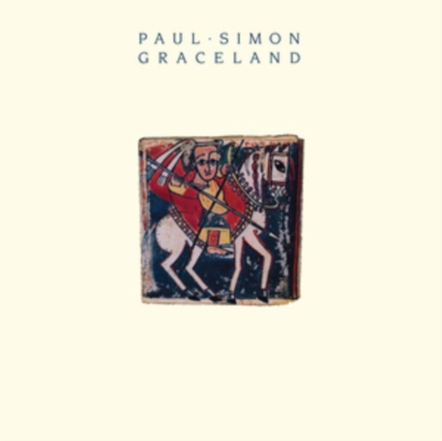 Paul Simons Graceland album cover featuring a central icon of a rider on horseback.