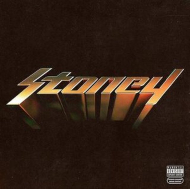 Post Malone Stoney album cover with 3D metallic gold text on a dark background.