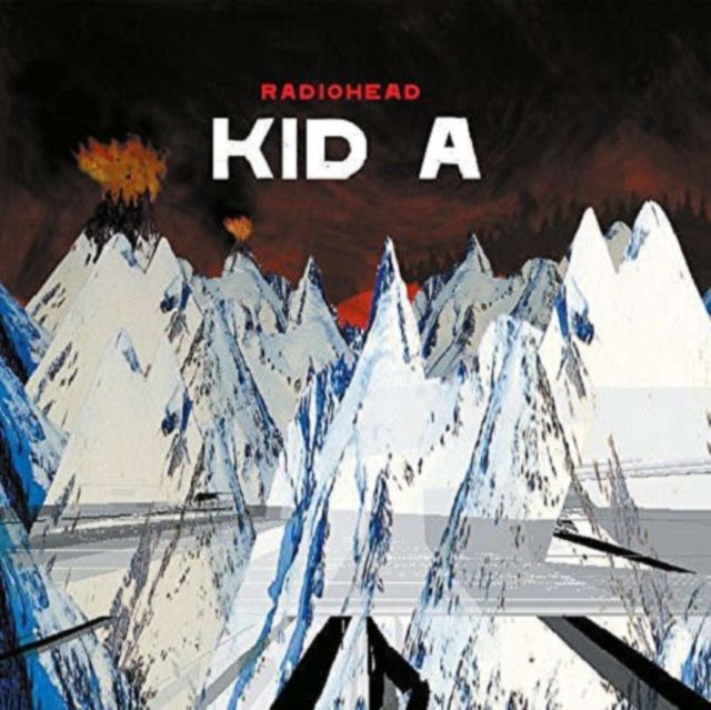Radioheads Kid A album cover art featuring jagged icy mountains under a fiery sky.