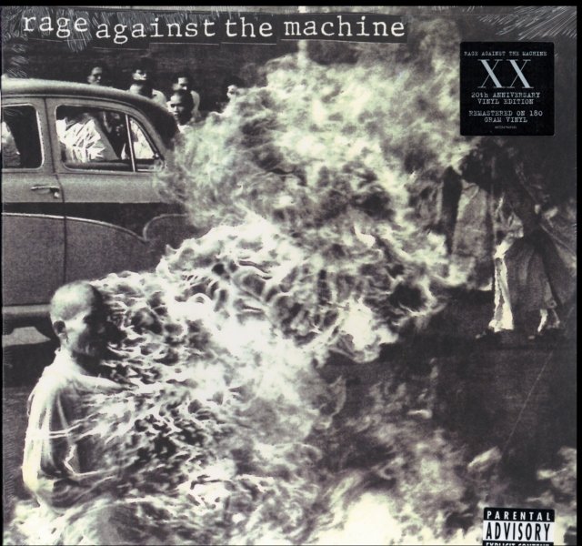 Rage Against the Machine self-titled album cover art featuring the burning monk photograph.
