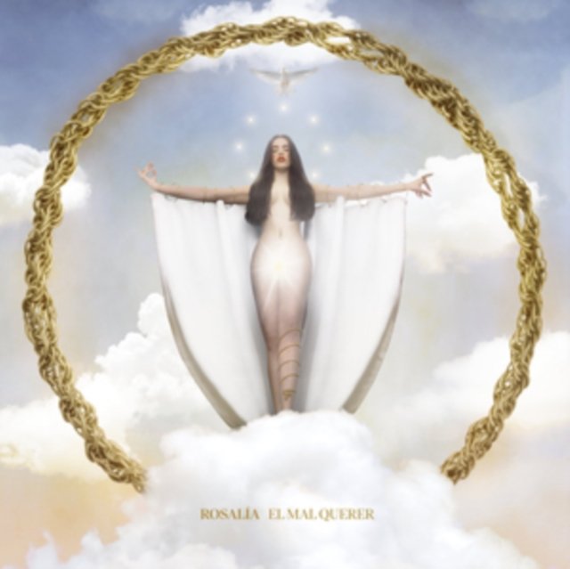 Rosalías El Mal Querer album cover featuring a divine angelic figure surrounded by white clouds.