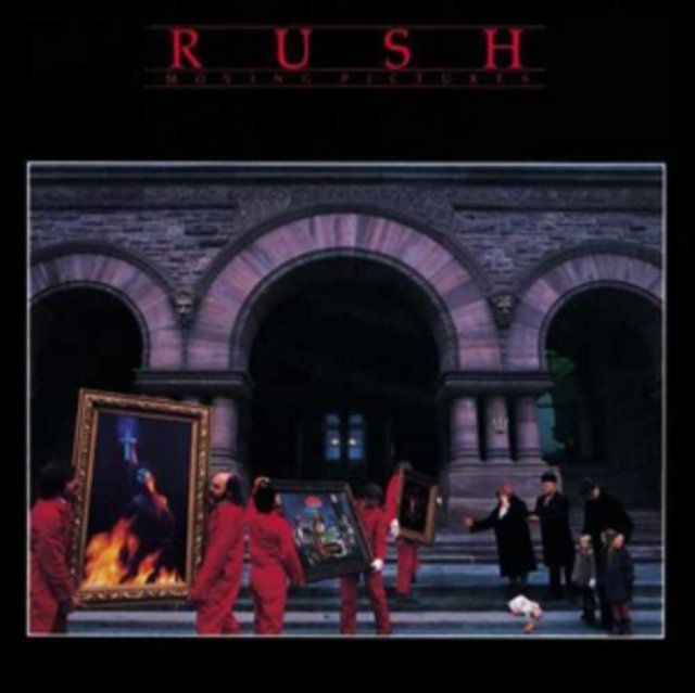 Album cover art for Rushs Moving Pictures featuring workers in red carrying framed paintings.