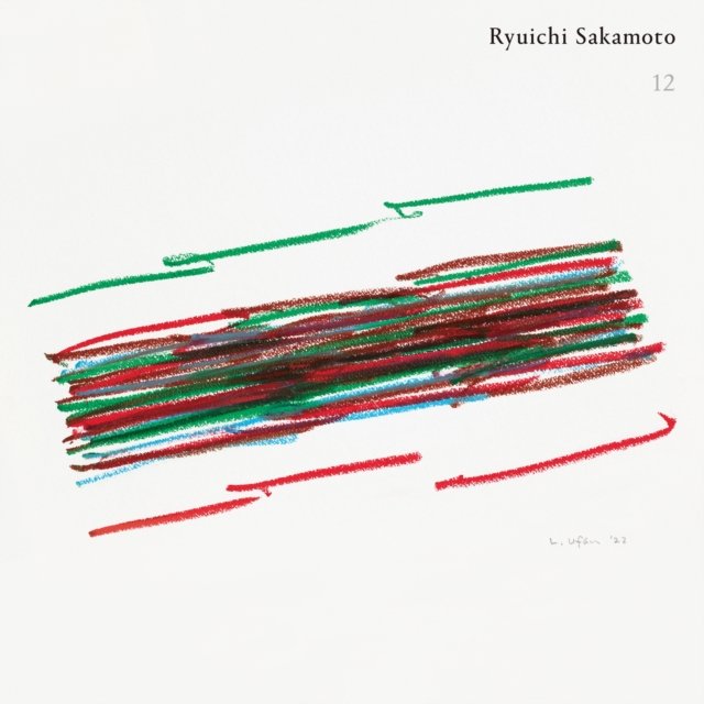 Minimalist album cover for Ryuichi Sakamotos 12 featuring abstract crayon line artwork.