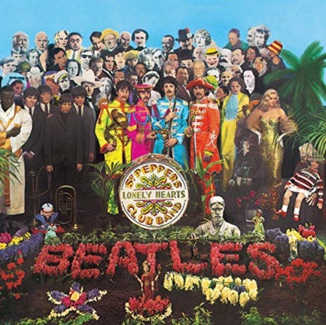 Iconic album cover artwork for The Beatles Sgt. Peppers Lonely Hearts Club Band.