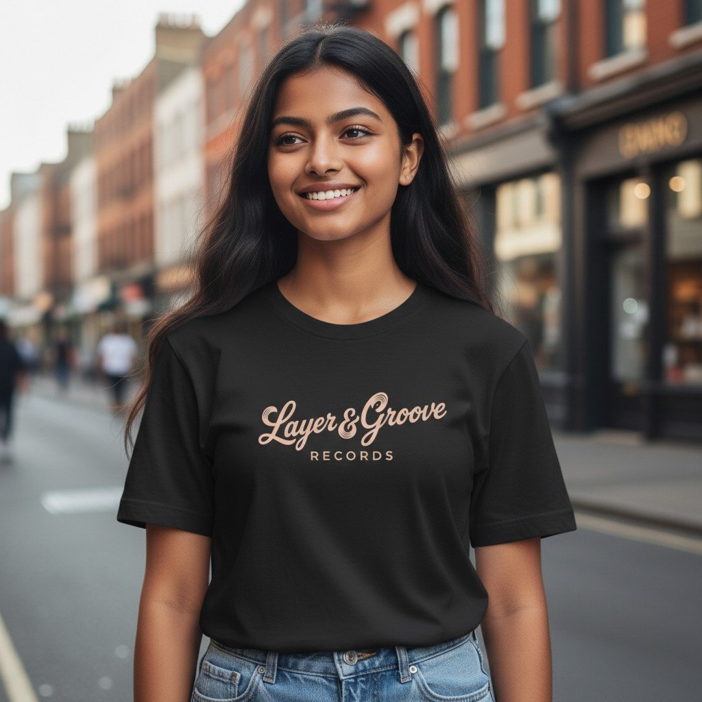 Young woman smiling outdoors on a city street, wearing a black graphic t-shirt.