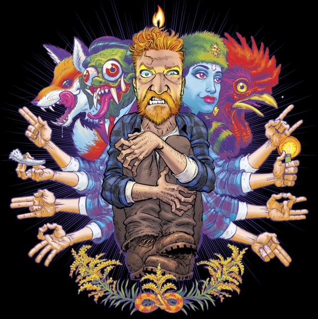 Psychedelic illustration of a multi-armed man surrounded by surreal animal heads and symbols.