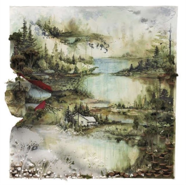 Surreal mixed-media watercolor landscape featuring a misty pine forest, river, and small cabin.