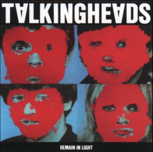 Talking Heads Remain in Light album cover with red pixelated masks over band portraits.