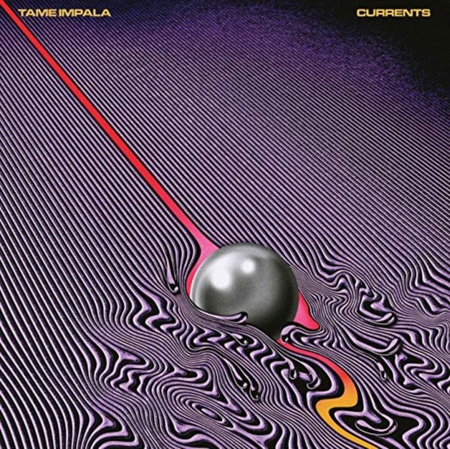 Tame Impala Currents album cover with a chrome sphere and purple psychedelic waves.