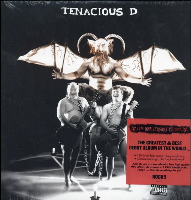 Tenacious D self-titled debut album cover featuring Jack Black, Kyle Gass, and a demon.