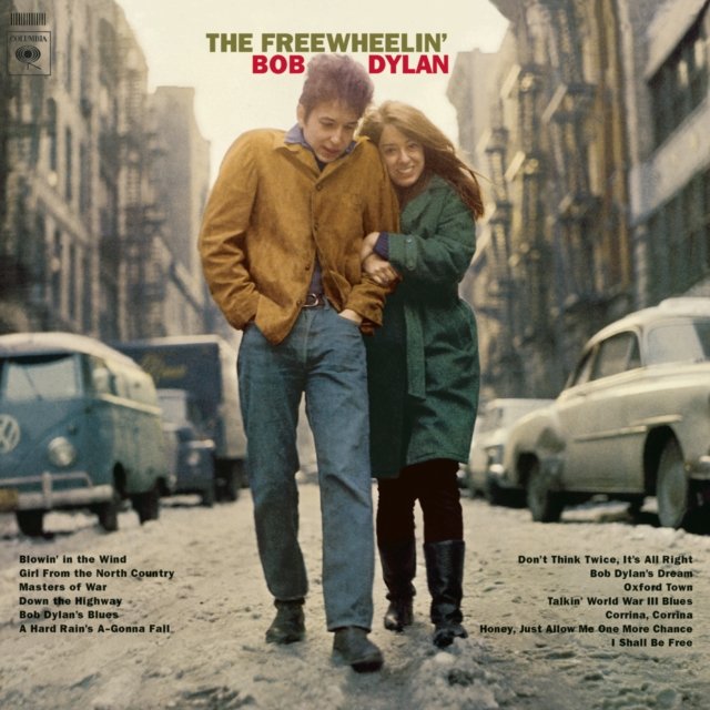 The Freewheelin Bob Dylan album cover featuring Bob Dylan walking down a snowy street.