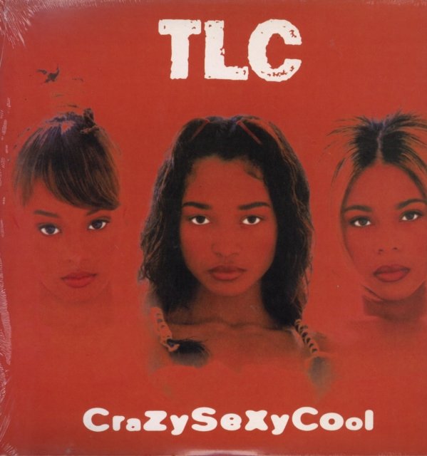 Album cover for TLCs CrazySexyCool featuring members Left Eye, Chilli, and T-Boz on red.