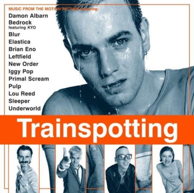 Trainspotting motion picture soundtrack album cover featuring Ewan McGregor in iconic orange design.