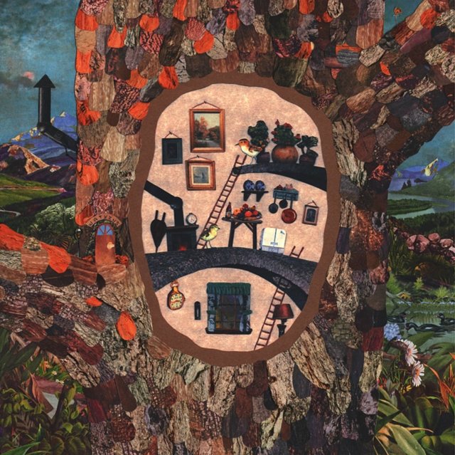 Whimsical mixed-media collage art of a cozy multi-level home inside a tree trunk.