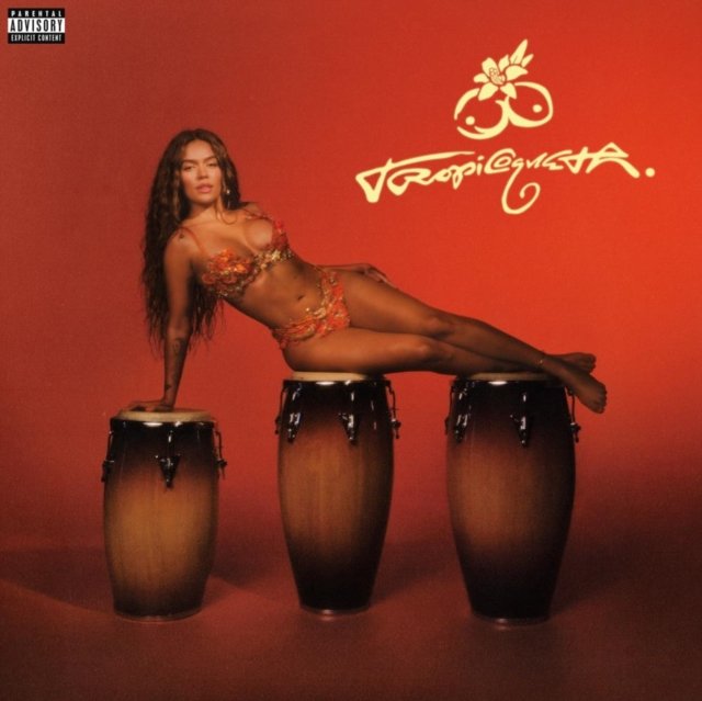 Tropicoqueta album cover featuring a woman in an orange bikini posing on conga drums.