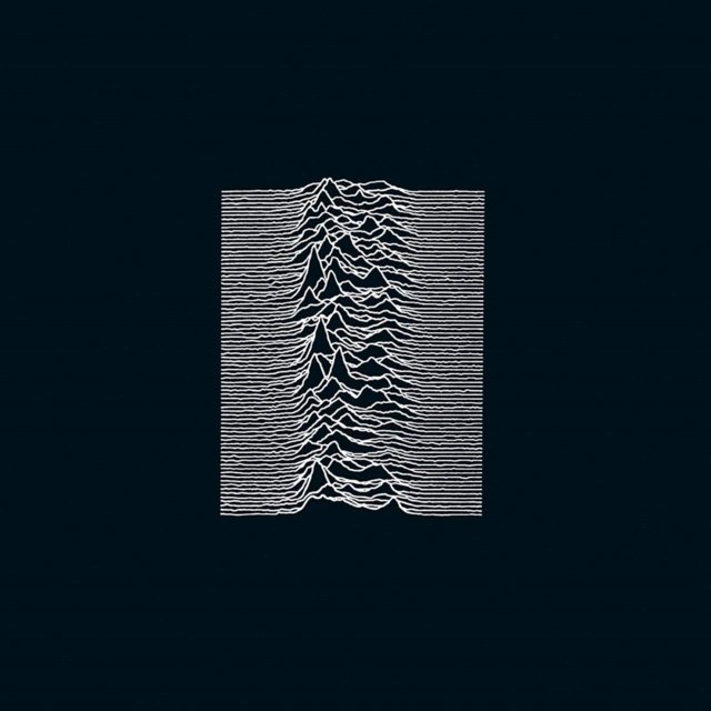 Joy Divisions Unknown Pleasures album cover featuring white pulsar radio waves on black.