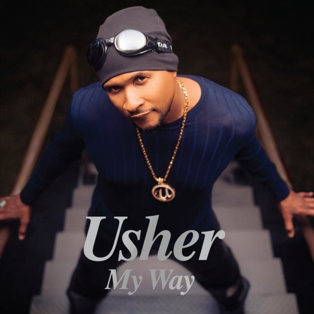 Album cover art for Ushers My Way, featuring Usher posing on a staircase.