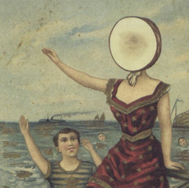 Surreal vintage artwork of a woman with a tambourine head and boy by the sea.