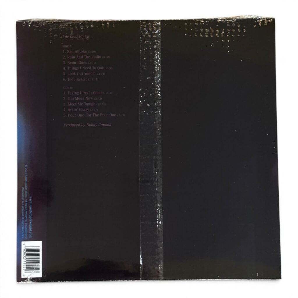 Sealed black vinyl record album back cover with tracklist and barcode.