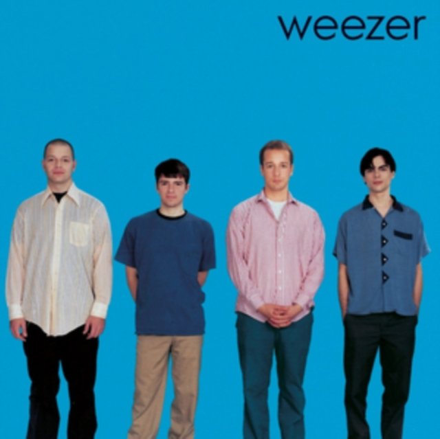 Weezers self-titled debut Blue Album cover featuring four band members on a blue background.