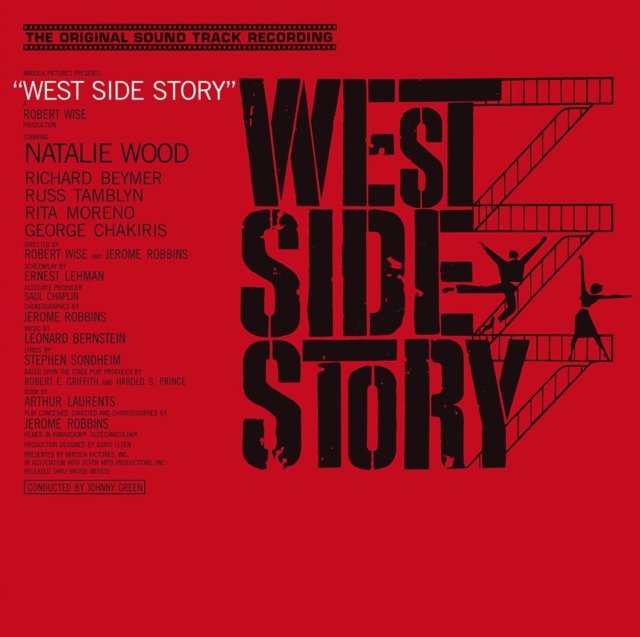 West Side Story original movie soundtrack album cover featuring dancer silhouettes on red background.