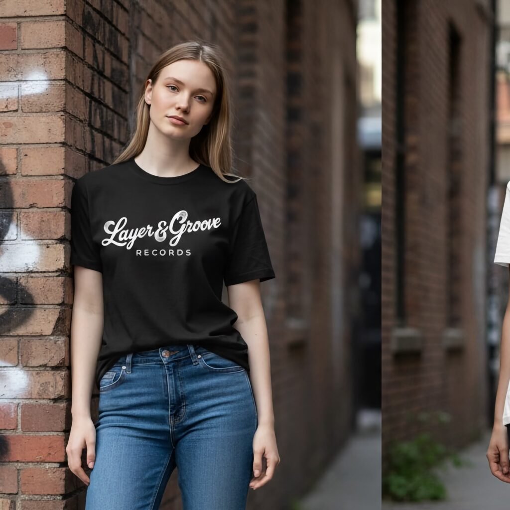 Woman wearing a black graphic t-shirt and blue jeans in an urban brick alley.