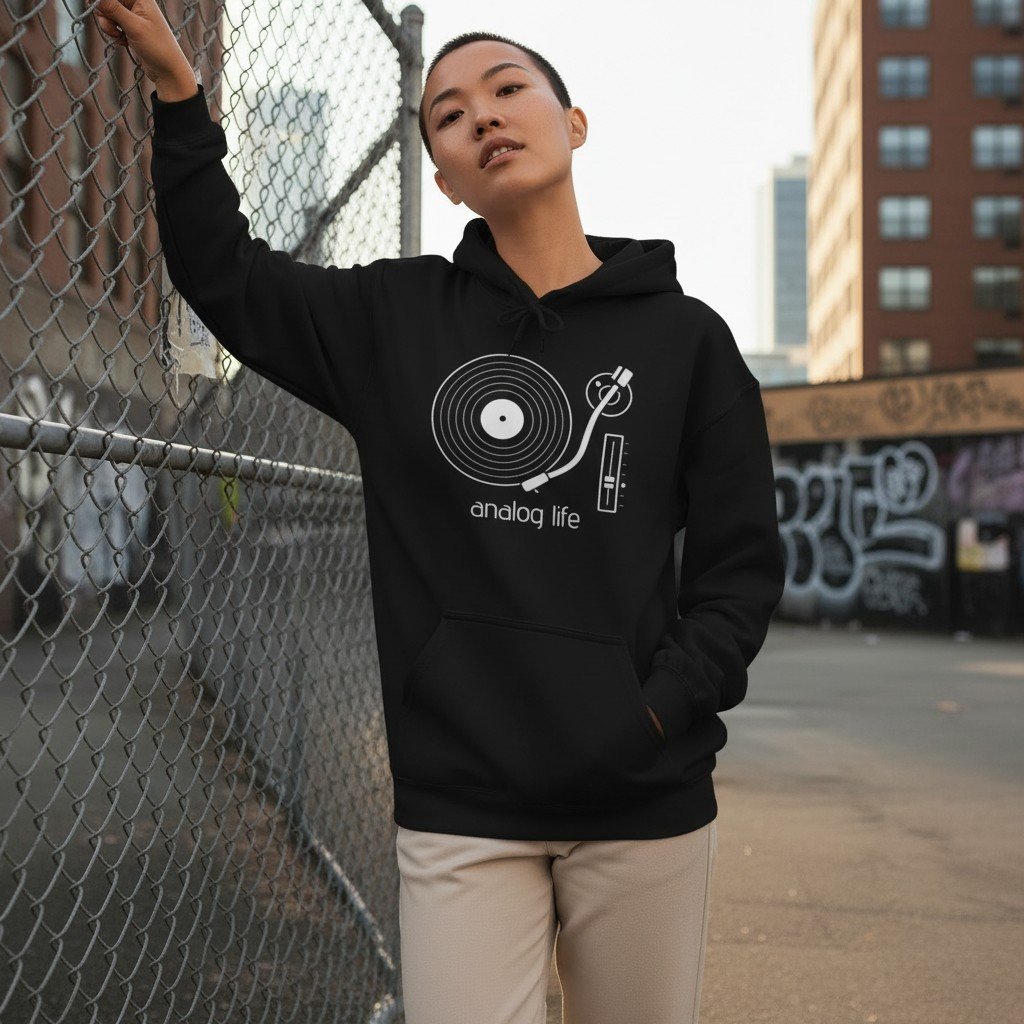 Woman with a buzz cut wearing a black analog life hoodie by a fence.