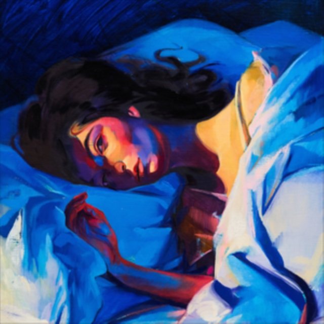 Expressive oil portrait of a woman lying in bed with dramatic blue and golden lighting.