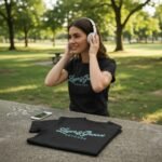Woman wearing white headphones and a black record label t-shirt in a sunlit park.