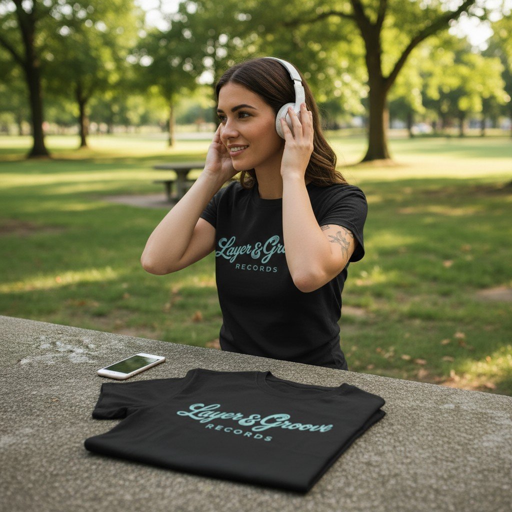 Woman wearing white headphones and a black record label t-shirt in a sunlit park.