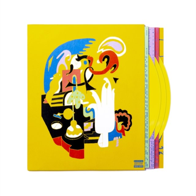 Mustard yellow vinyl album box set with surreal artwork and yellow vinyl records.