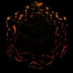 3D isometric voxel cube structure with glowing golden highlights and a fiery red base.