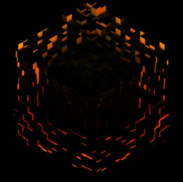 3D isometric voxel cube structure with glowing golden highlights and a fiery red base.