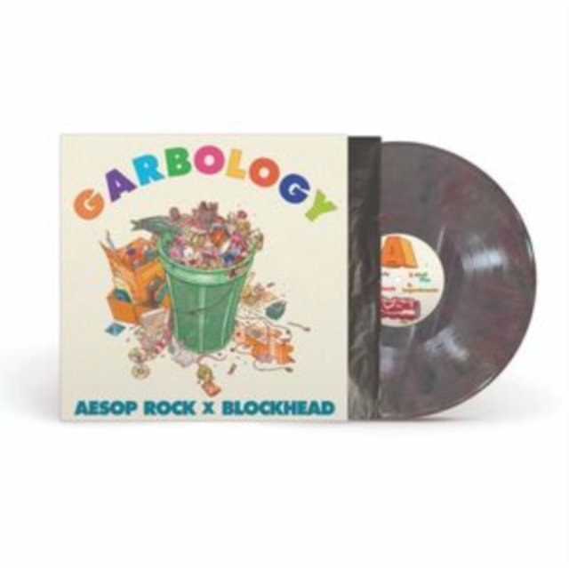 Aesop Rock and Blockhead Garbology album cover and marbled vinyl LP record.