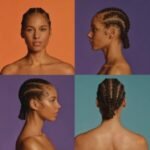 Four-panel grid of Alicia Keys showcasing a detailed braided cornrow hairstyle from multiple angles.