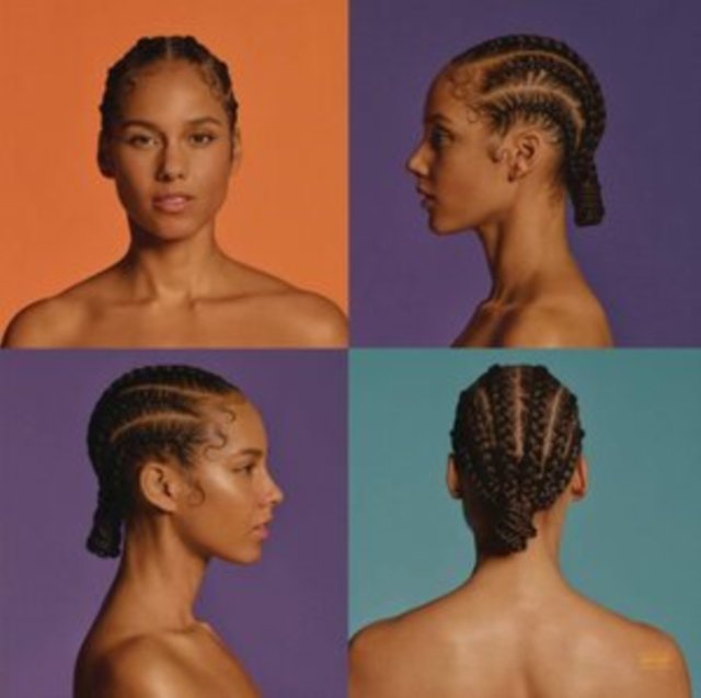 Four-panel grid of Alicia Keys showcasing a detailed braided cornrow hairstyle from multiple angles.
