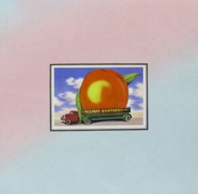 Vintage illustration of a red truck carrying a giant peach with Allman Brothers lettering.